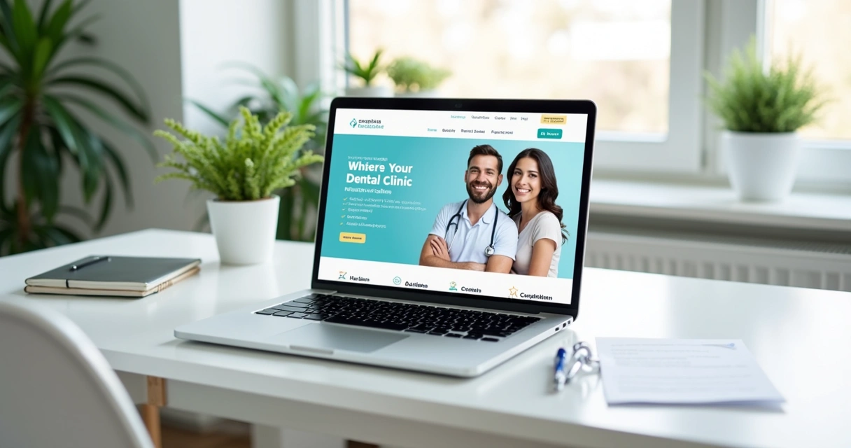 Página inicial de site de clínica odontológica exibida em notebook 