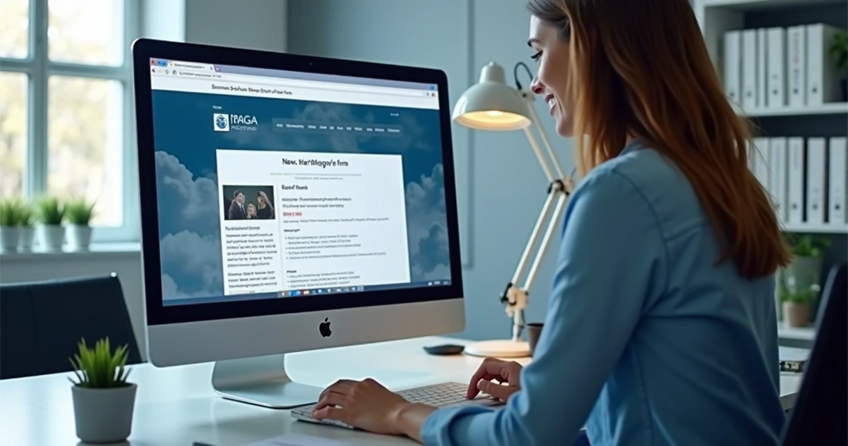 Profissional de contabilidade atualizando conteúdo do site em computador 