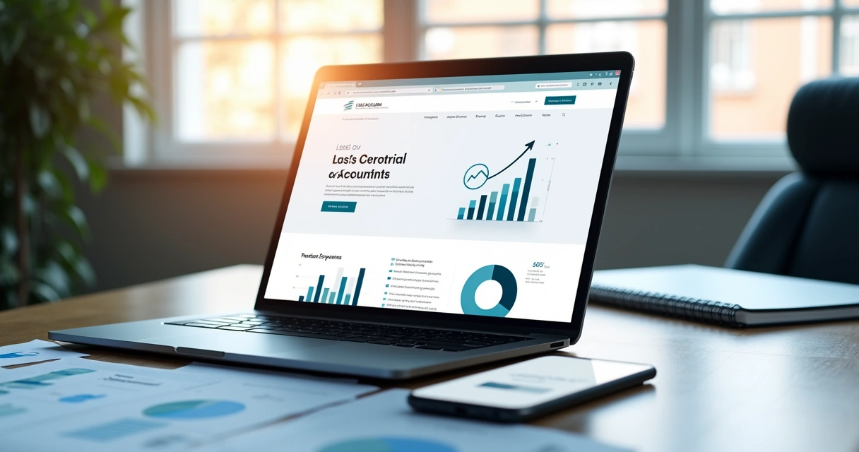 Página inicial de um site moderno de escritório de contabilidade em tela de notebook ao lado de smartphone