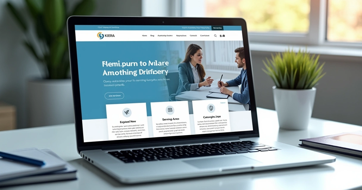 Tela de site contábil moderno exibida em notebook sobre mesa branca 