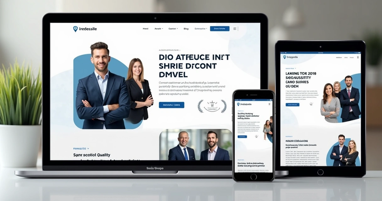 Página de site de escritório de contabilidade moderno exibida em diferentes dispositivos, como notebook, tablet e celular. 