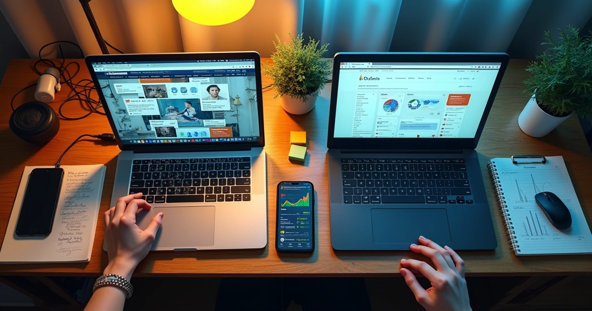 Metade de mesa com laptop antigo e metade com laptop moderno mostrando contraste de site desatualizado e atualizado 