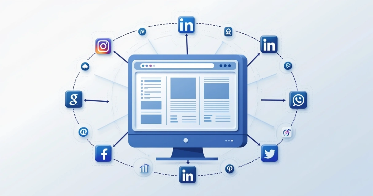 Desenho de site no centro, setas apontando para redes sociais ao redor 