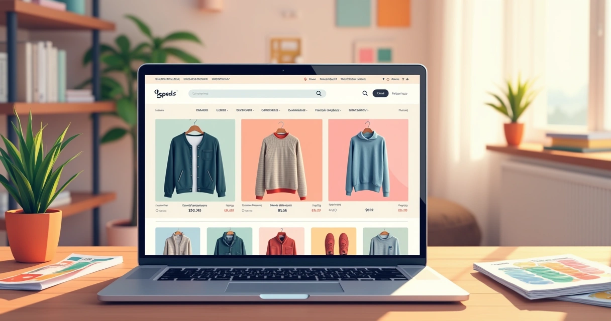 Ilustração de um site de e-commerce com design atraente, mostrando produtos em um laptop em ambiente acolhedor.