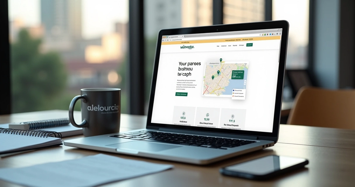 Página inicial de site de empresa local em destaque na tela de notebook 