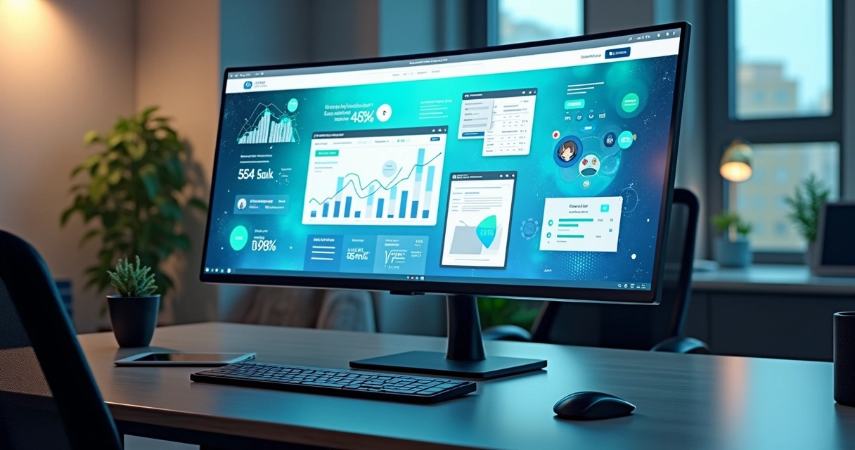 Tela de computador mostrando design moderno de site empresarial com gráficos de performance e integração digital 