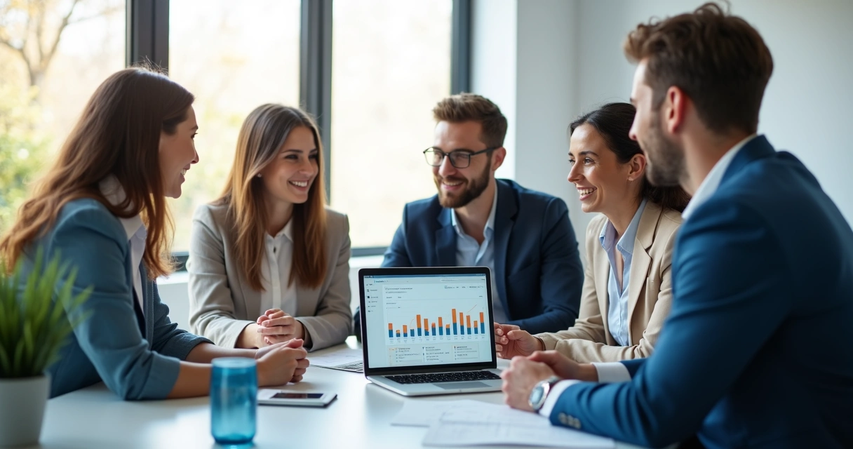 Site empresarial com layout WordPress em notebook, gráficos de acesso ao lado 