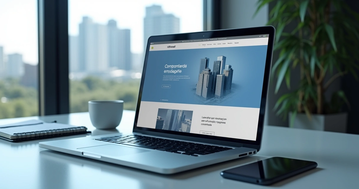 Site empresarial moderno exibido em notebook na mesa de escritório com vista de SP 