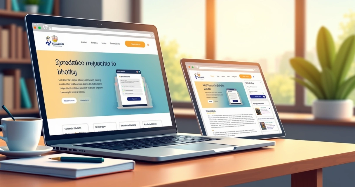 Site de escritório contábil aberto em laptop e tablet sobre mesa moderna 