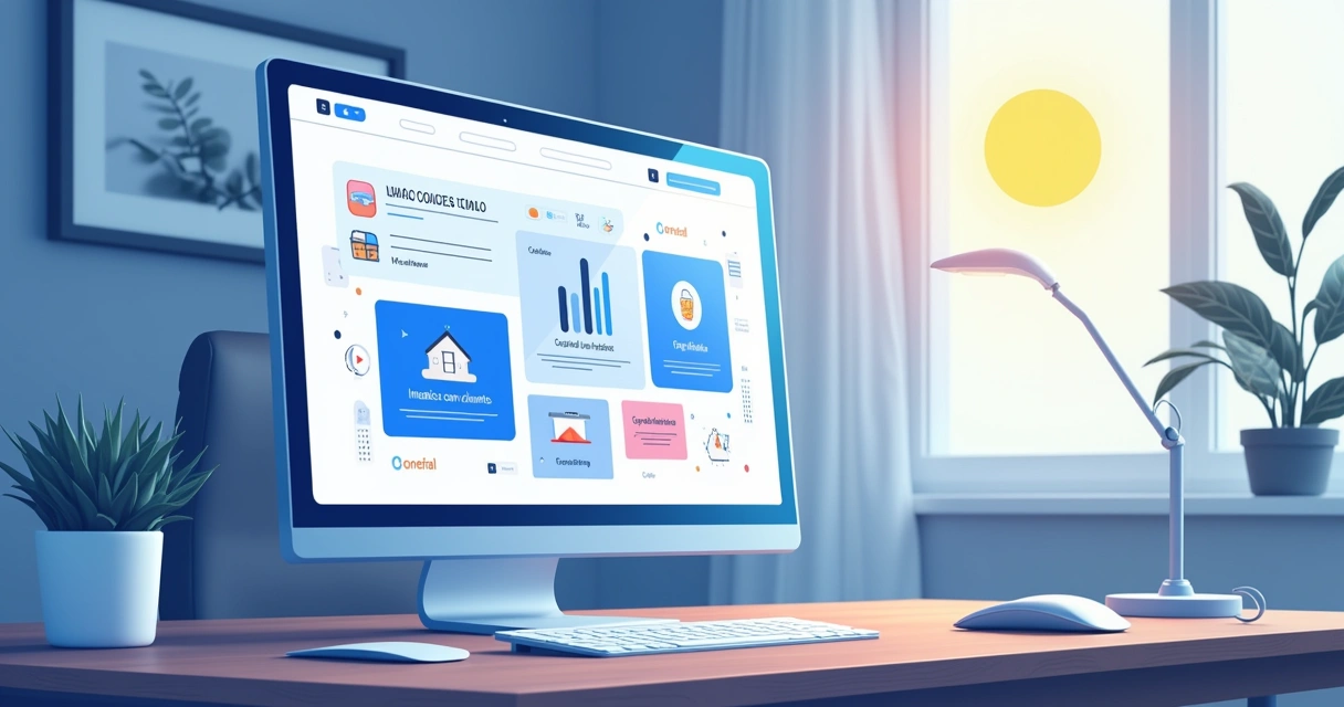 Layout de site profissional em um computador com ícones ilustrando credibilidade e marketing digital.