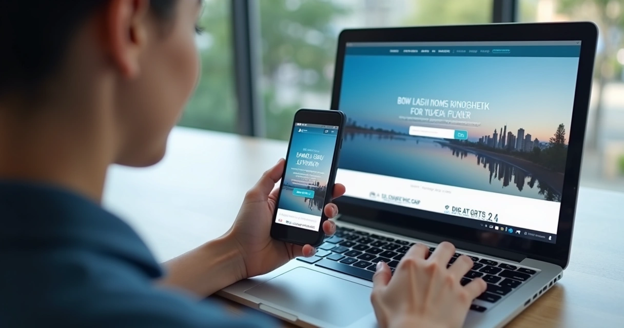 Usuário navegando em site responsivo, interface limpa e amigável