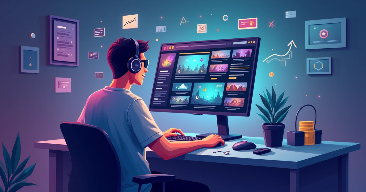 Ilustração de pessoa criando site de games em computador com elementos gamer e gráficos de crescimento 