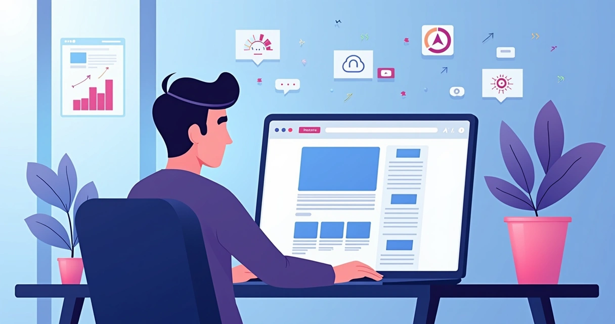 Ilustração de profissional criando site grátis para negócio digital no computador 