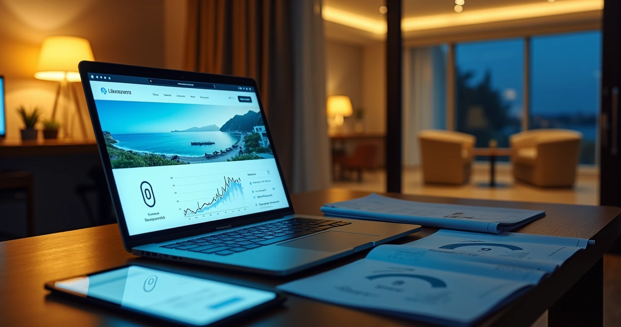Tela de notebook com site de hotel cheio de acessos e ícone de carrinho vazio 