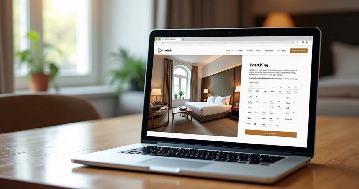 Navegação rápida em site de hotel com calendário de reservas e fotos atraentes 