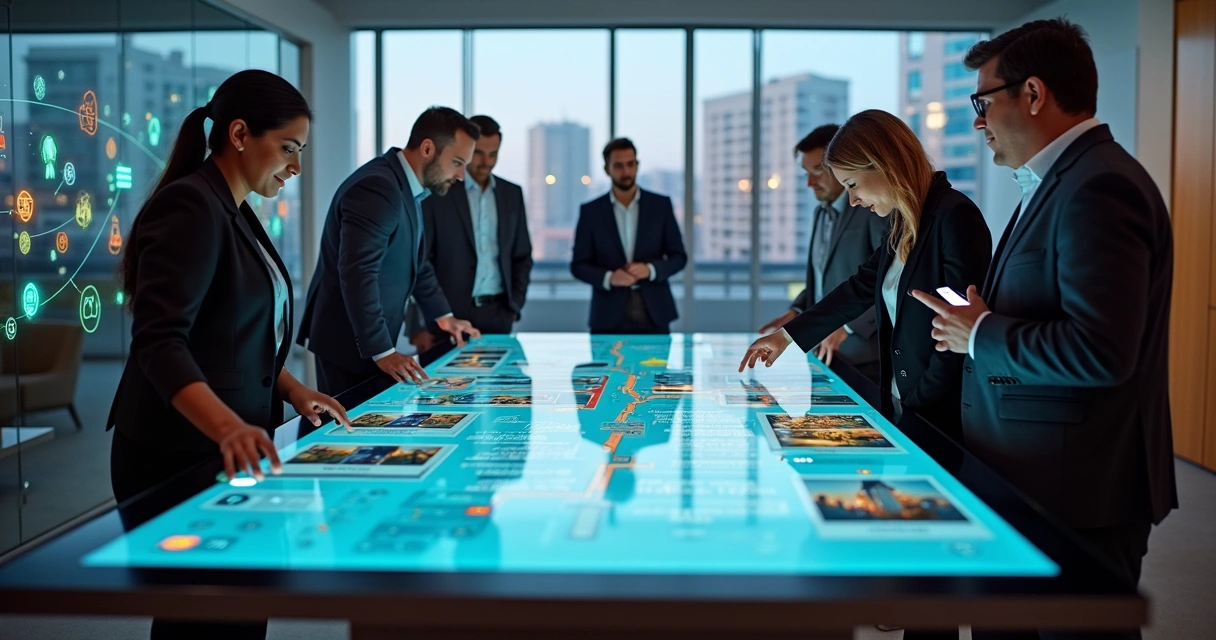 Equipe de imobiliária ao redor de mesa interativa com site e funil de vendas digital 