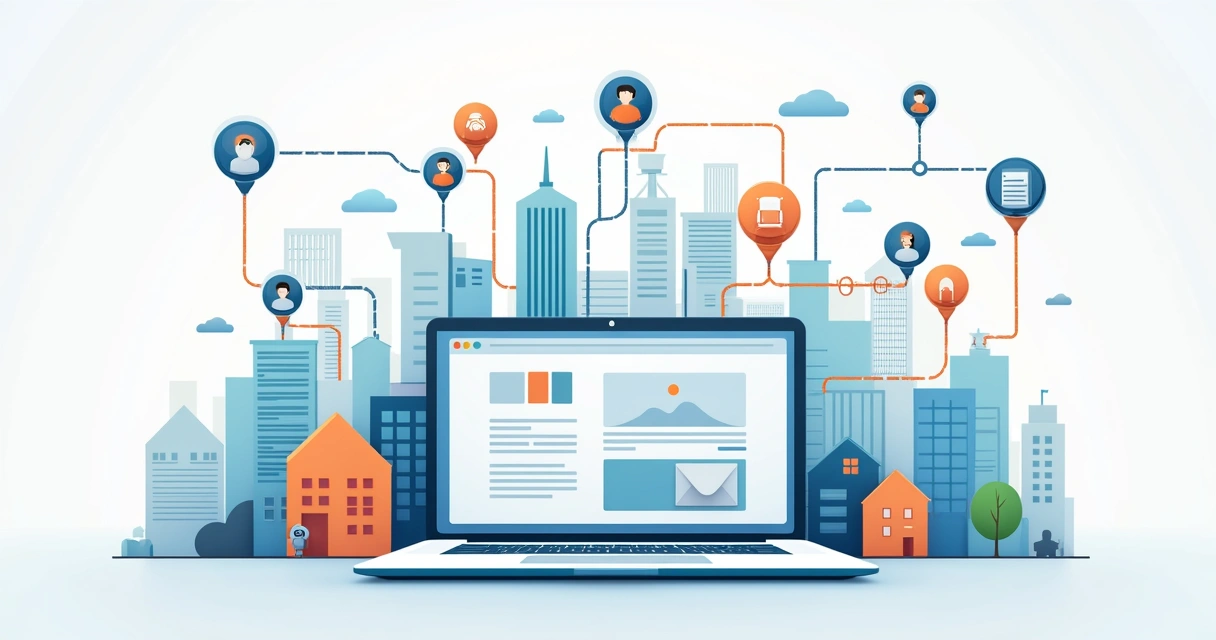 Ilustração de site de imobiliária conectado a leads em mapa urbano 