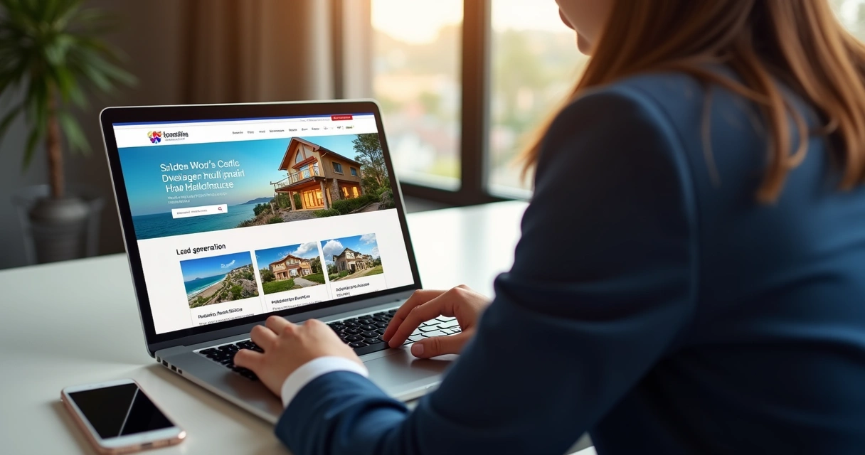Como Gerar Leads Qualificados Para Imobiliária: Guia Completo 2 Corretora usando notebook com site imobiliário aberto, visual moderno