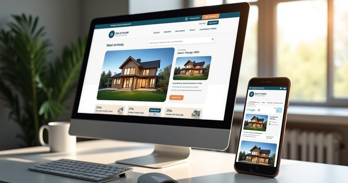 Site de imobiliária exibido em computador e smartphone 