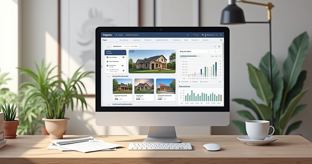Página de site imobiliário com funil de vendas digital no computador 