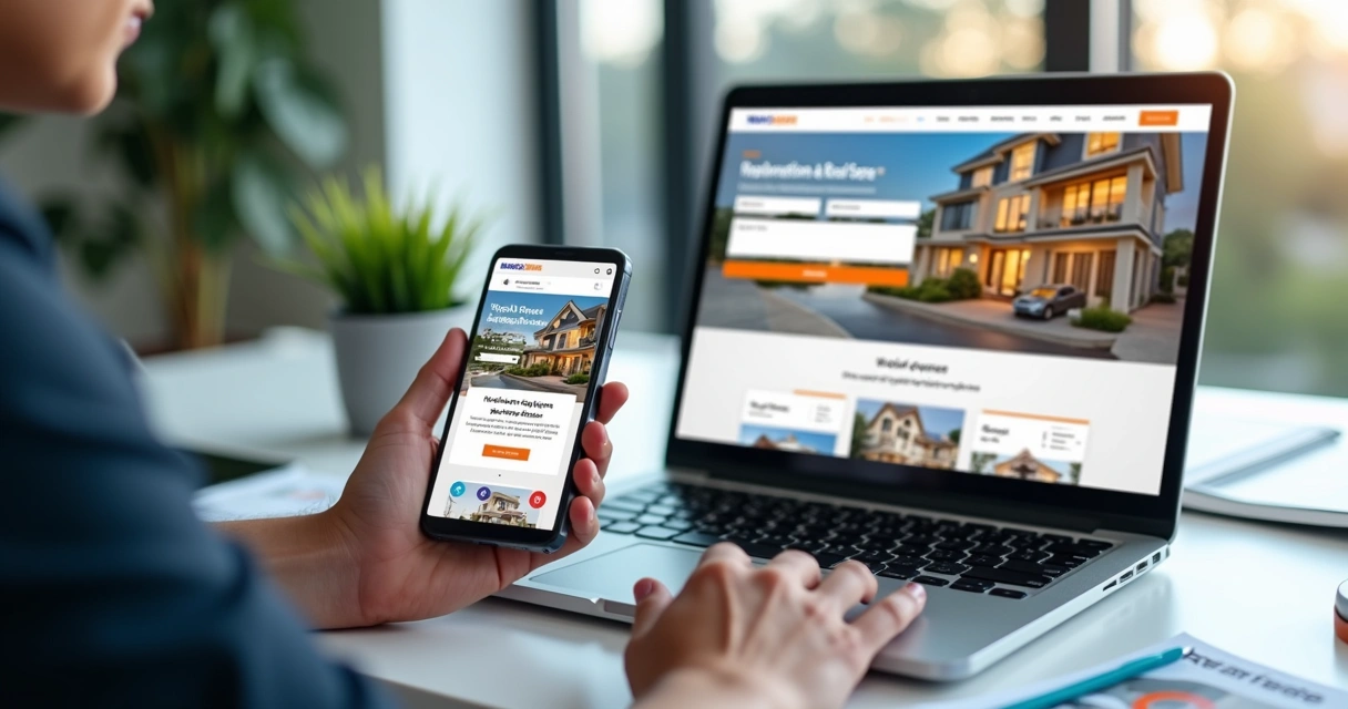 Site imobiliário criado com IA exibido em celular e notebook 