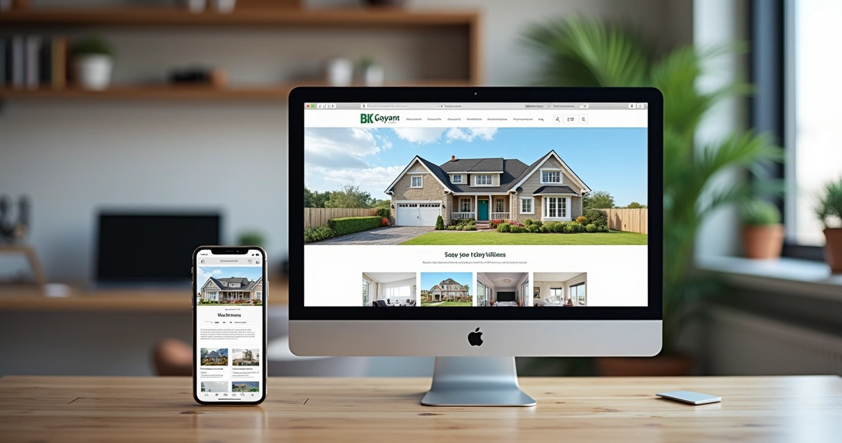 Página de site imobiliário exibida em smartphone e computador lado a lado 