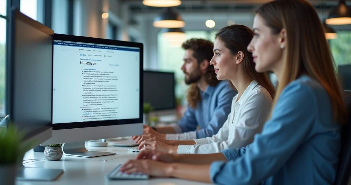 Equipe implementando FAQ schema em site de clínica no computador 