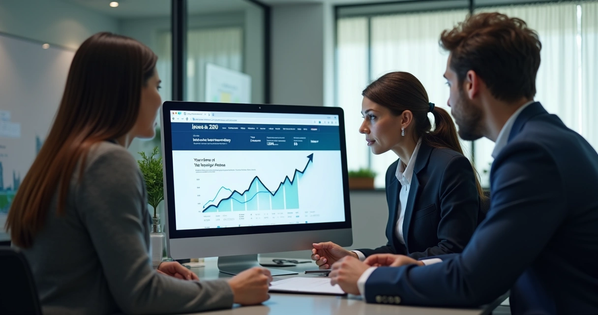 Gráfico crescendo ao lado de tela de site institucional 