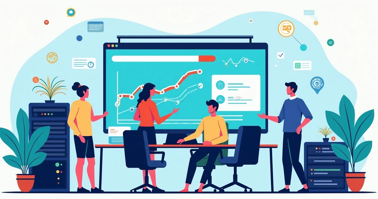 Equipe monitorando site institucional em telas com gráficos e alertas 