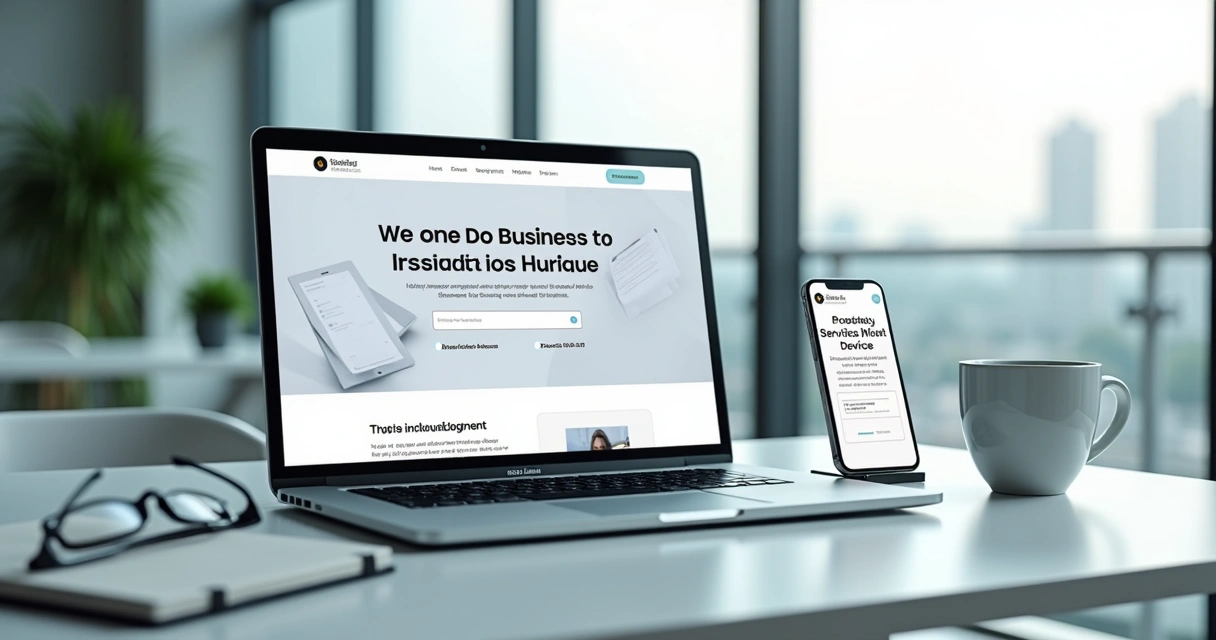 Tela de site institucional em notebook sobre mesa de trabalho moderna 