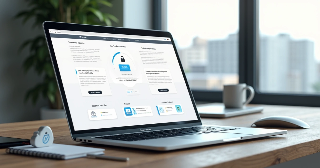 Tela de site institucional rápido aberta em notebook sobre mesa de trabalho 