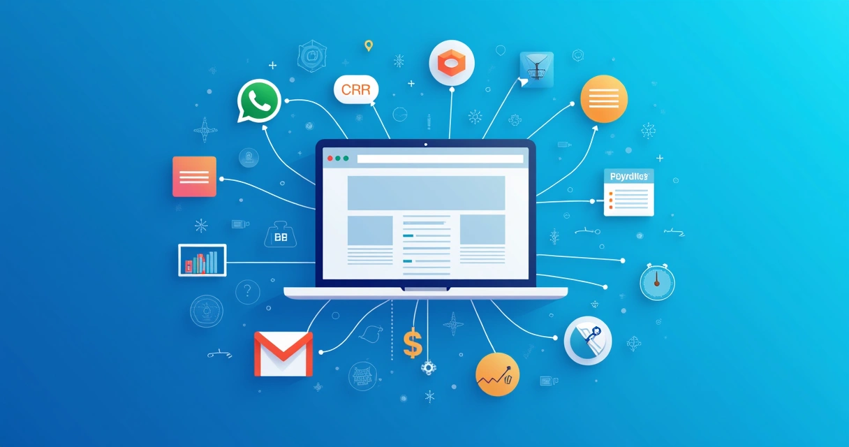 Painel digital com site ao centro conectado a ícones do WhatsApp, CRM, email, pagamento e gráficos 
