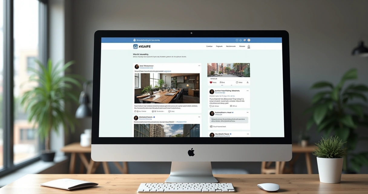 Página de site profissional exibindo feeds de redes sociais ao lado do conteúdo principal 