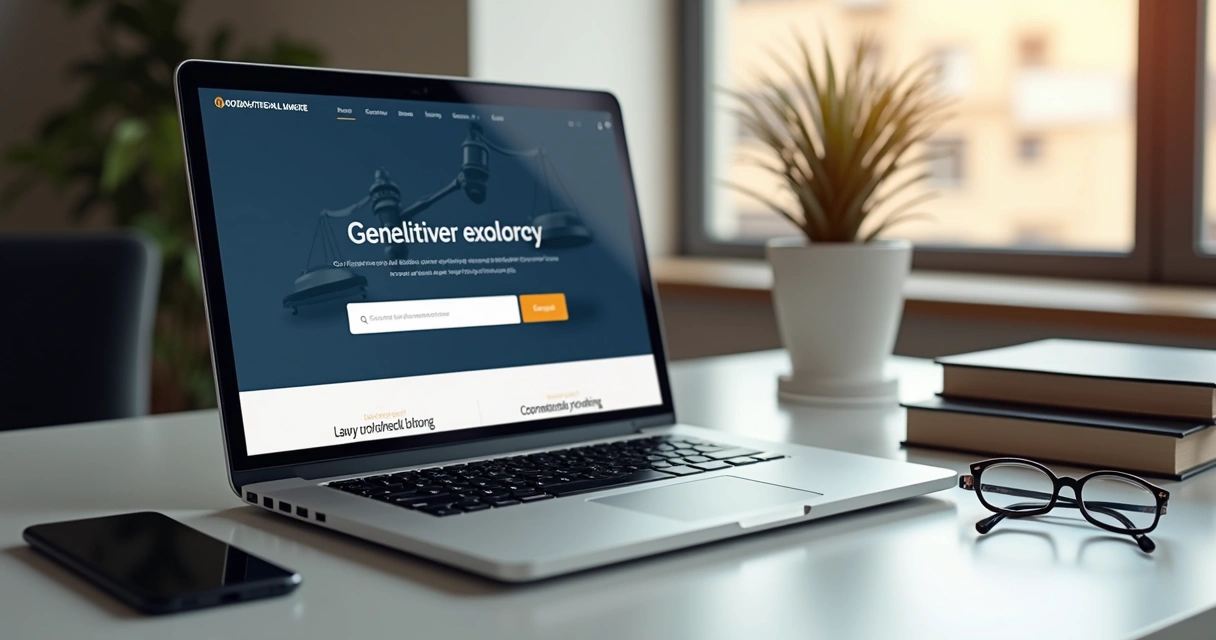 Tela de site jurídico em notebook sobre mesa