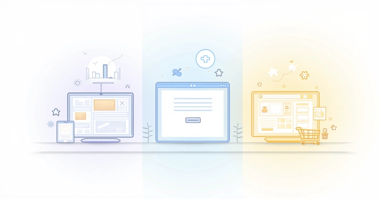 Ilustração que contrasta site, landing page e e-commerce em um layout balanceado com cores vibrantes.