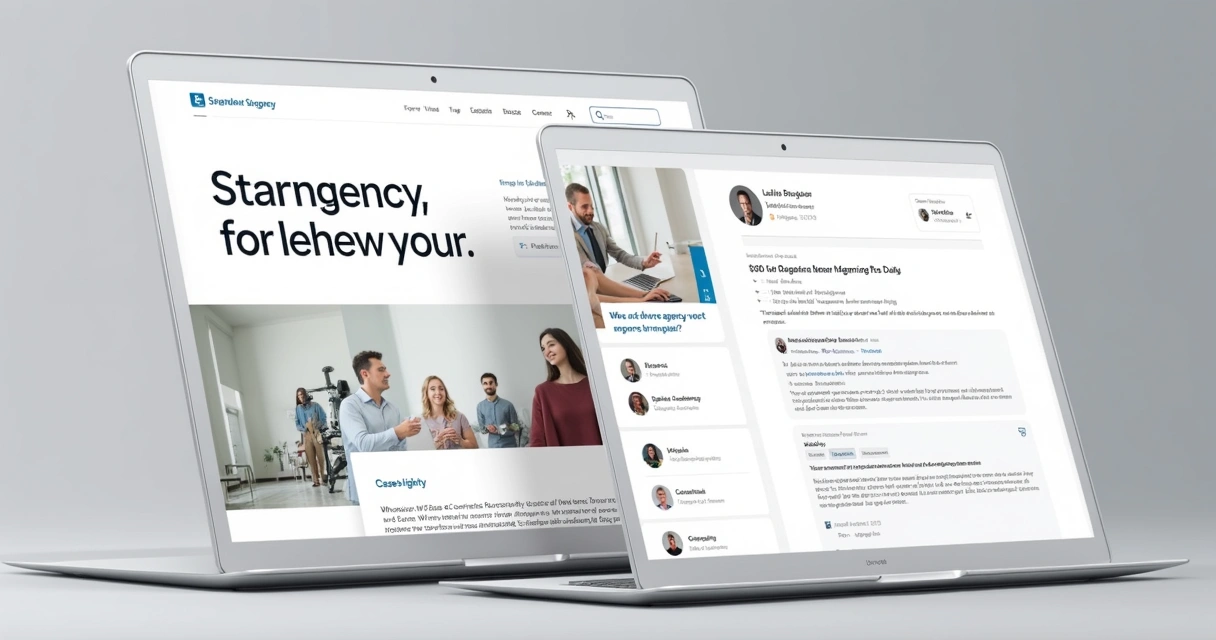 Página inicial de site de agência e perfil no LinkedIn exibidos lado a lado 