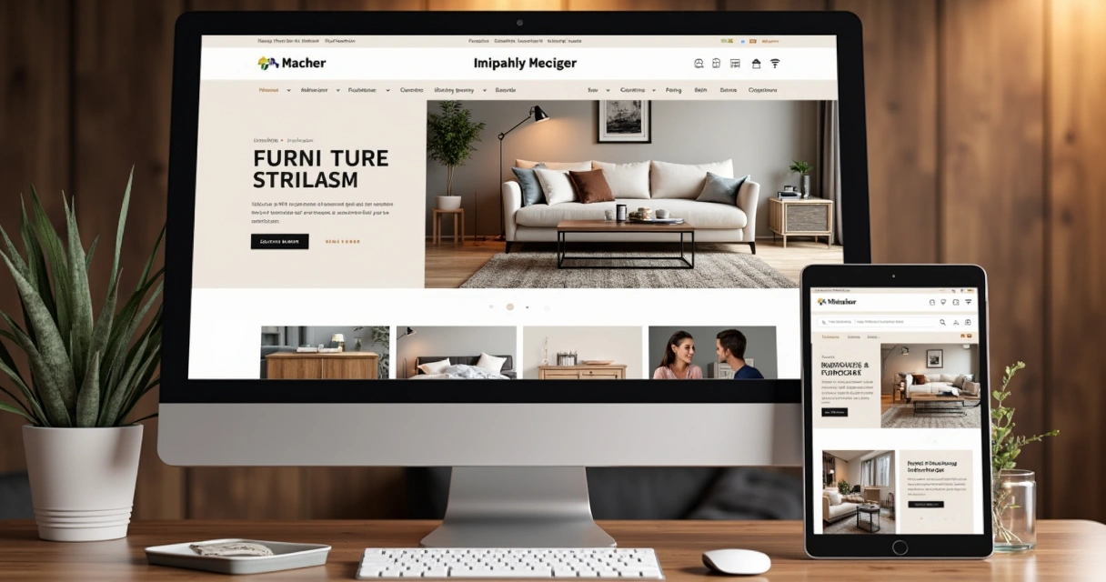 Website mobile and desktop view of a modern furniture store, showing product images and clear navigation 
