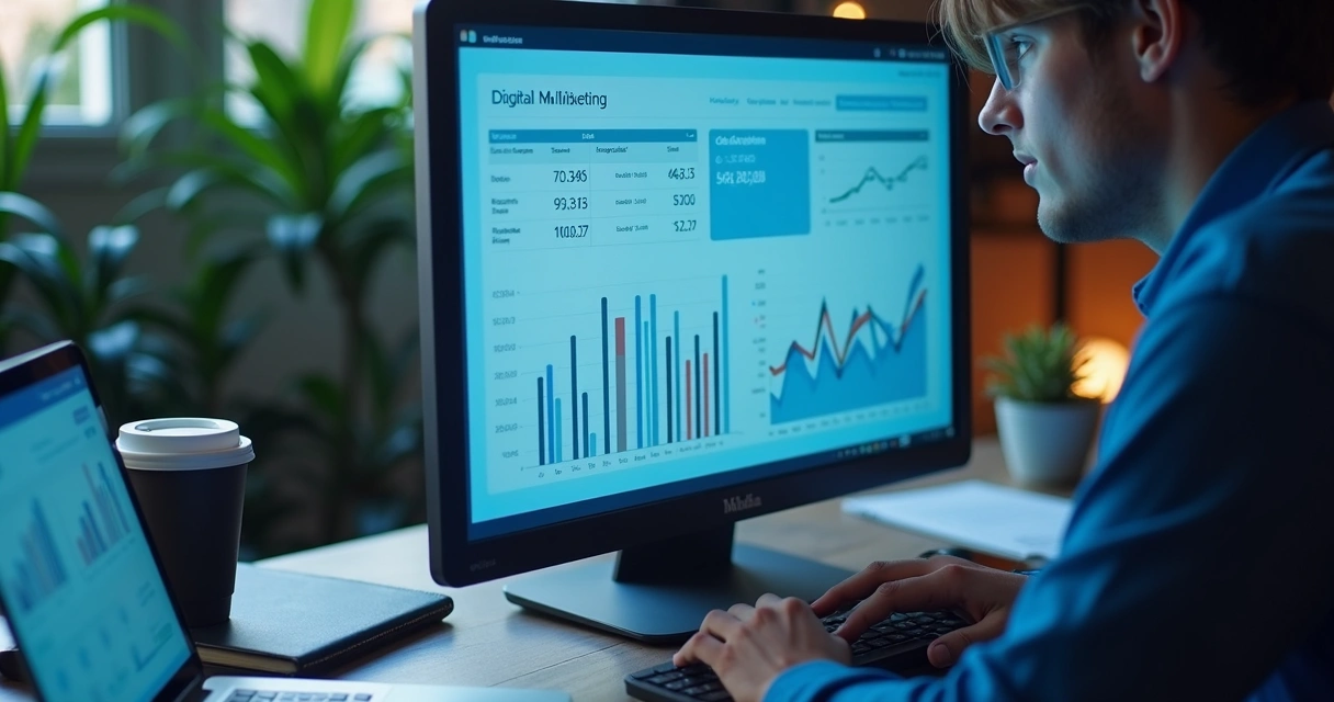 Página de site com gráficos de desempenho, integração social, usuário analisando painel 