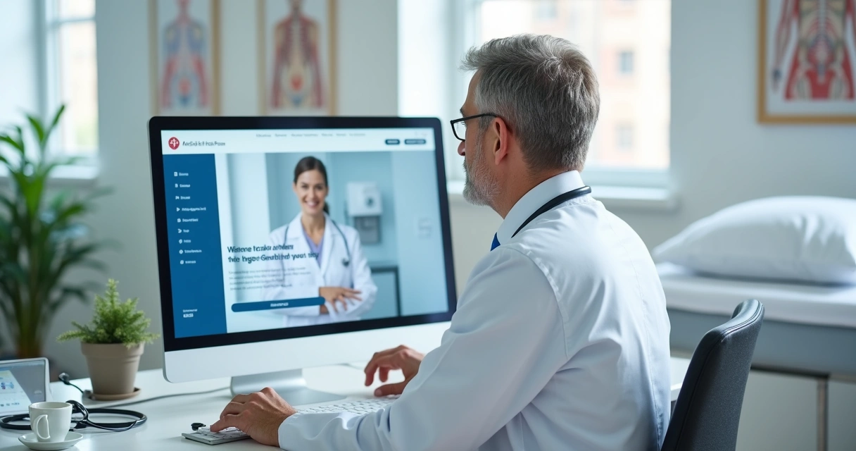 Médico olhando para tela grande com site profissional aberto em consultório moderno 
