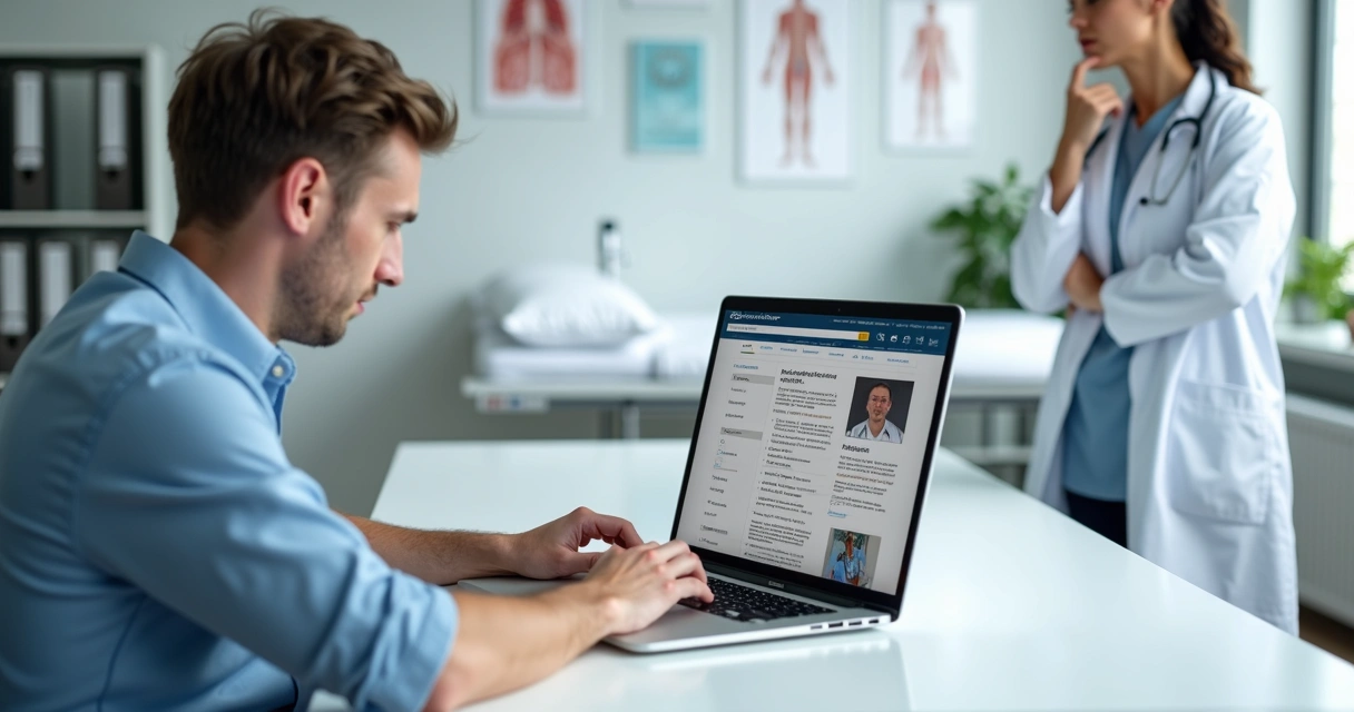 Paciente olhando frustrado para site de clínica em laptop enquanto médico observa preocupado 