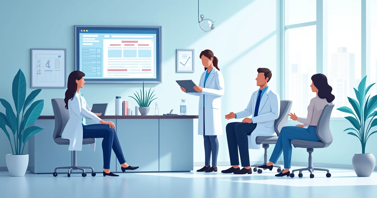 Ilustração de médicos com pacientes em consultório moderno 