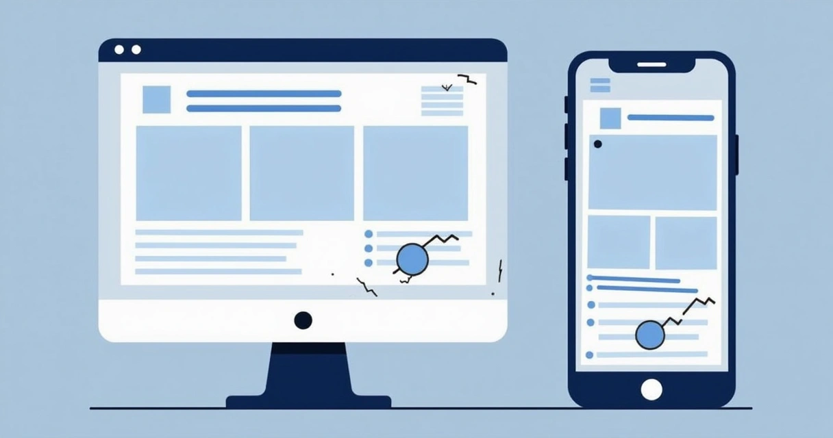 Comparação entre site em mobile e desktop mostrando problemas de layout 