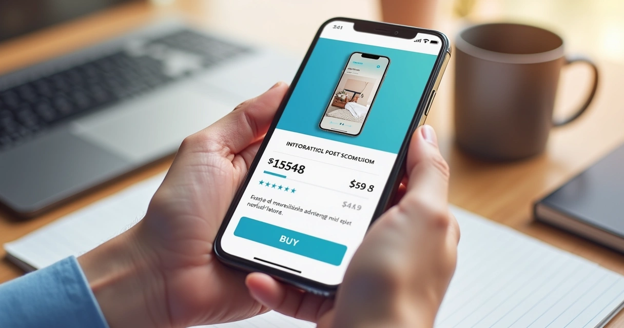 Tela de e-commerce exibida em smartphone, página de produto detalhada 