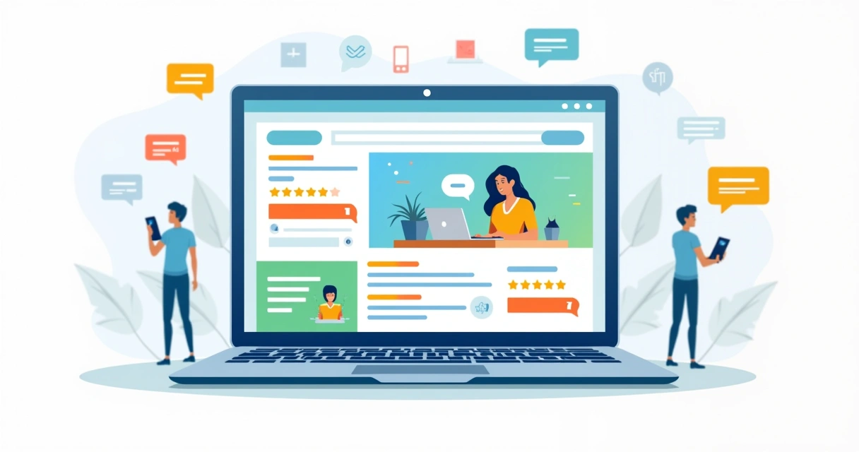 Ilustração de um laptop exibindo um site moderno e responsivo com navegação fácil e conteúdo engajador.