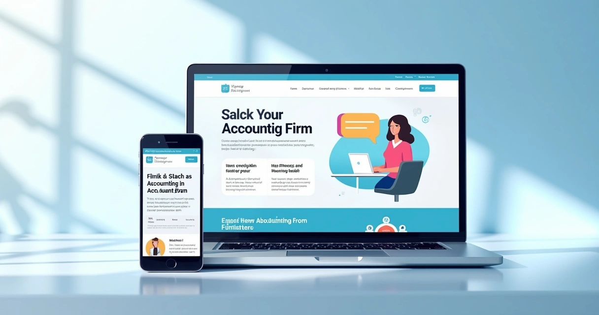 Tela de celular e notebook exibindo site moderno de contabilidade. 