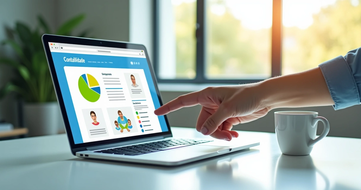 Website de contabilidade sendo apresentado em notebook. 
