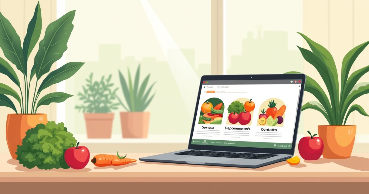 Website mockup for nutritionists on a laptop, featuring fresh ingredients and a warm atmosphere.
