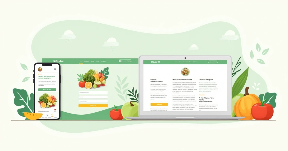 Visão de um site de nutricionista em smartphone e laptop com elementos de design responsivo.