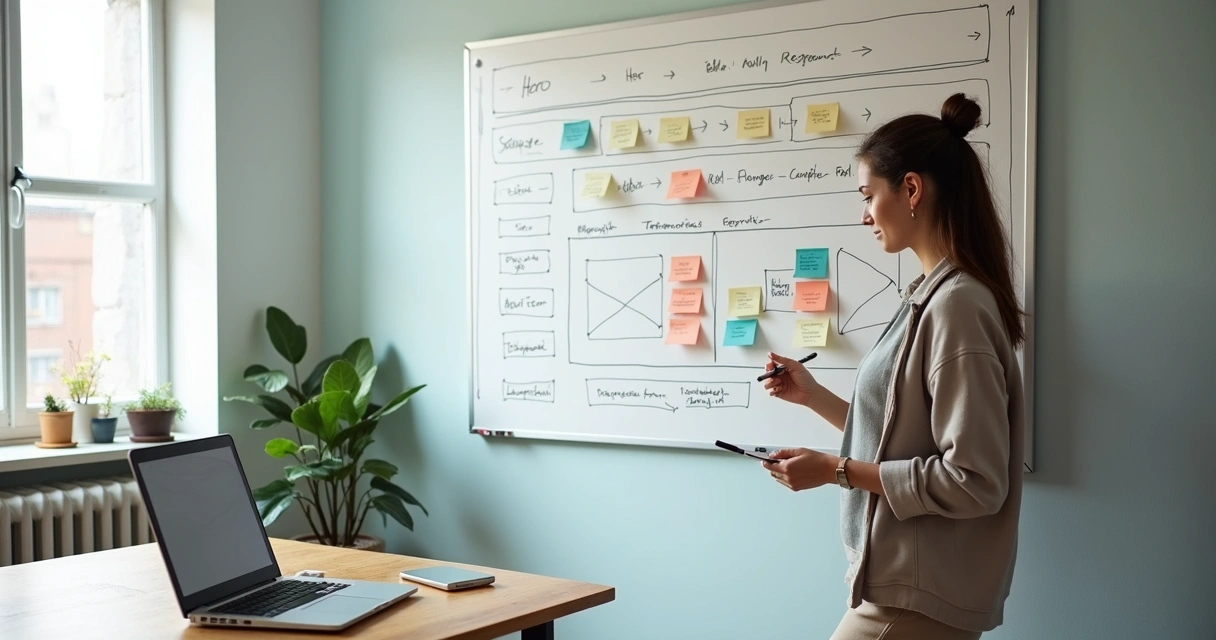 Wireframe único de site one page desenhado em quadro branco com profissional organizando seções 