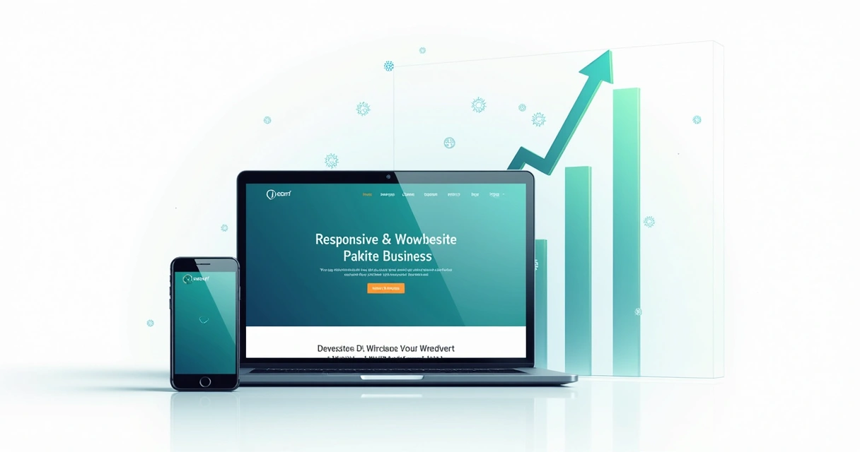 Layout de site responsivo aberto em diferentes dispositivos ao lado de gráfico crescente